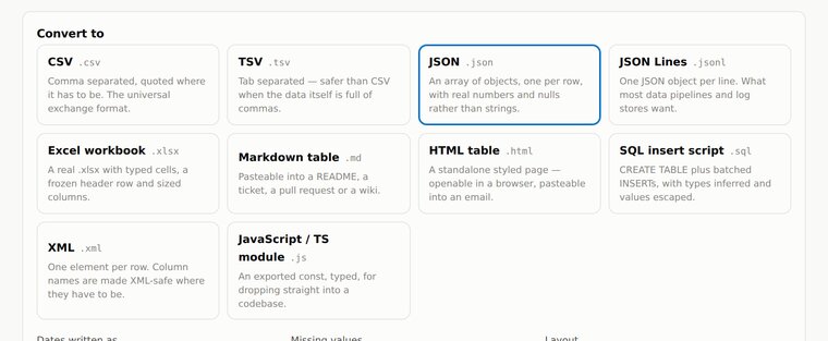 The Convert tab showing ten output formats to choose from.