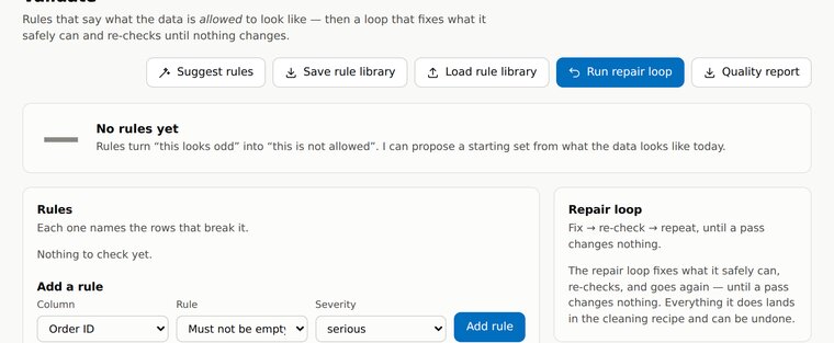 The Validate tab with rule suggestions and a repair loop.